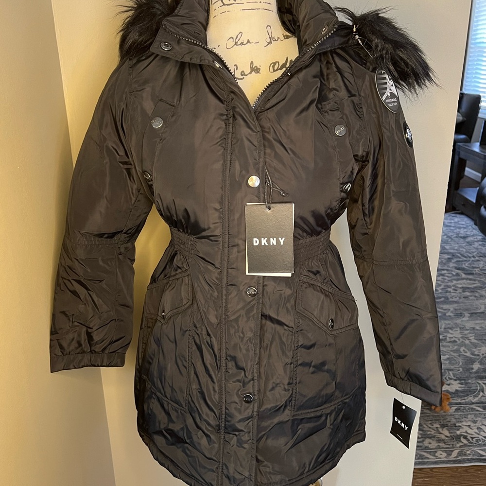 DKNY Black Quilted Puffer Coat with Faux Fur Hood